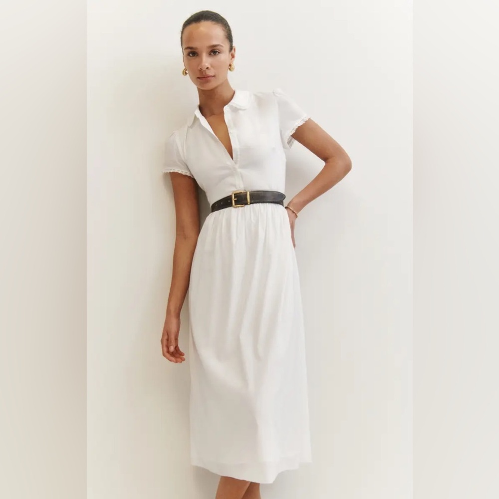 Reformation Ula midi shirtdress featuring lacy trim at the collar  size 0